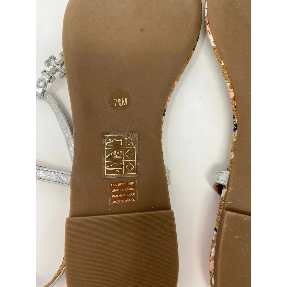 Tory Burch Silver Metallic Leather Cork Splatter Logo Thong Sandals Womens 7.5